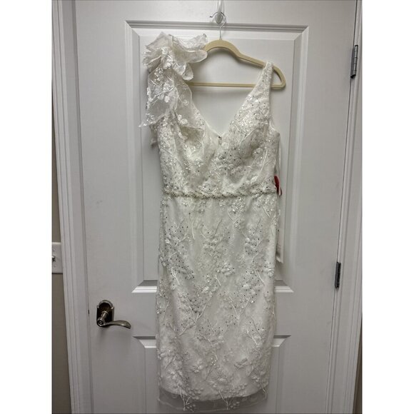 MAC DUGGAL Size 12 White Floral Embellished V-Neck Cocktail MIDI Dress Wedding - Picture 4 of 11